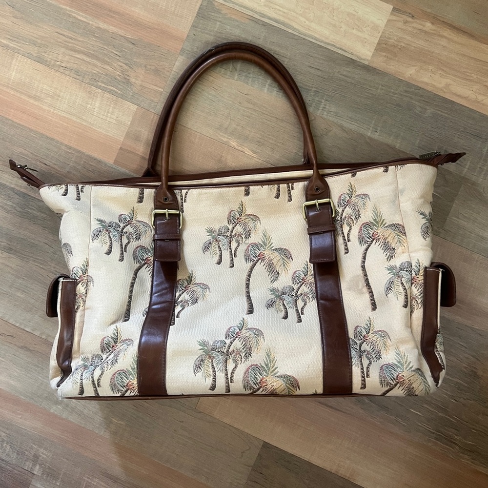 Tropical Palm Print Duffel Bag with Brown Straps